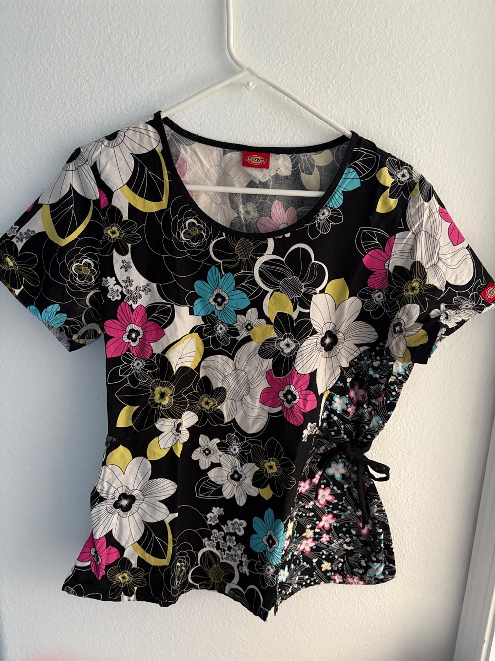 Dickies Black Floral Short-Sleeve Scrub Top with Pink, Blue & Yellow Accents